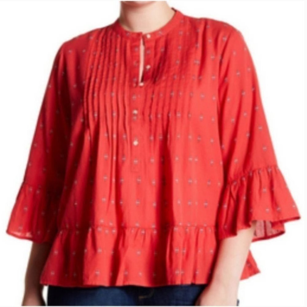 XS Lucky Brand Red Pintucked Peplum Ruffle Top
